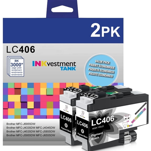 LC406 Black 2 Pack Ink Compatible for Brother LC406 Black Ink Cartridge for MFC-J4335DW MFC-J4535DW J5855DW J6555DW Printer