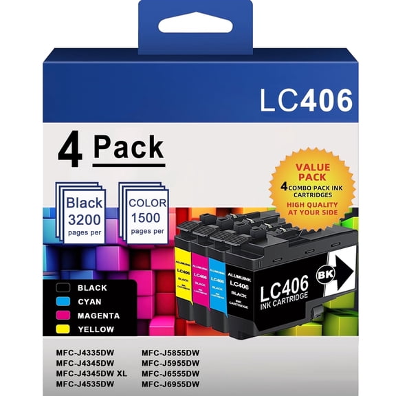 LC406 High-Yield Ink Cartridges 1BK/1C/1M/1Y Work for Brother LC406 Ink MFC-J4335DW J4535DW 4 Pack