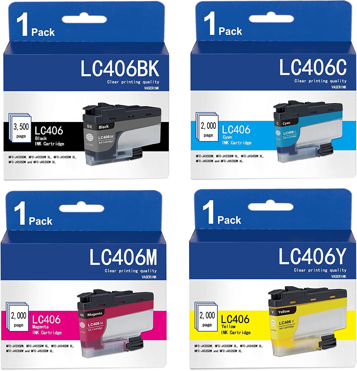 HighYield LC406 Ink Cartridges, 4Pack Replacement for Brother MFC