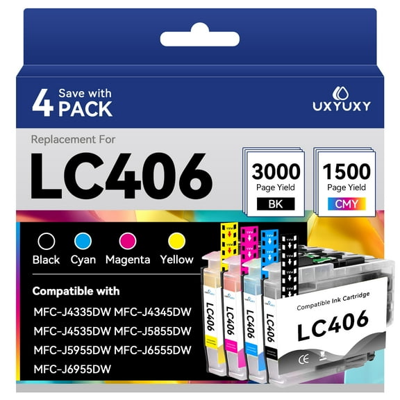 LC406 Ink Cartridges for Brother LC406 for MFC-J4335DW MFC-J4335DW XL MFC-J4345DW MFC-J4345DW XL Printer (Black,Cyan,Magenta,Yellow, 4 Pack)