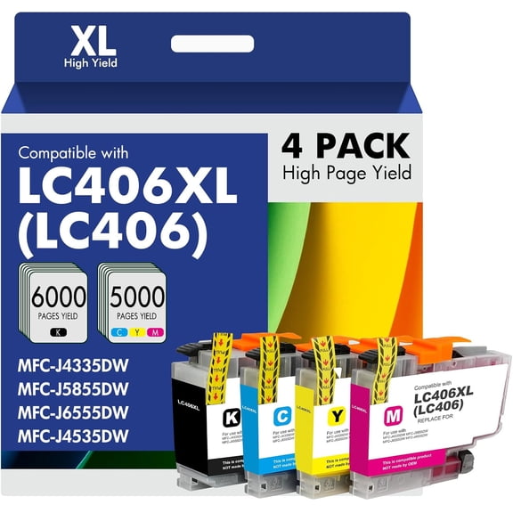 LC406 LC406XL Ink Cartridges for Brother Printer 406XL LC 406 XL for MFC-J4335DW MFC-J5855DW MFC-J6555DW MFC-J4535DW MFC-J6955DW MFC-J4345DW MFC-J5955DW - 4 Pack High Yields Black Cyan Magenta Yellow