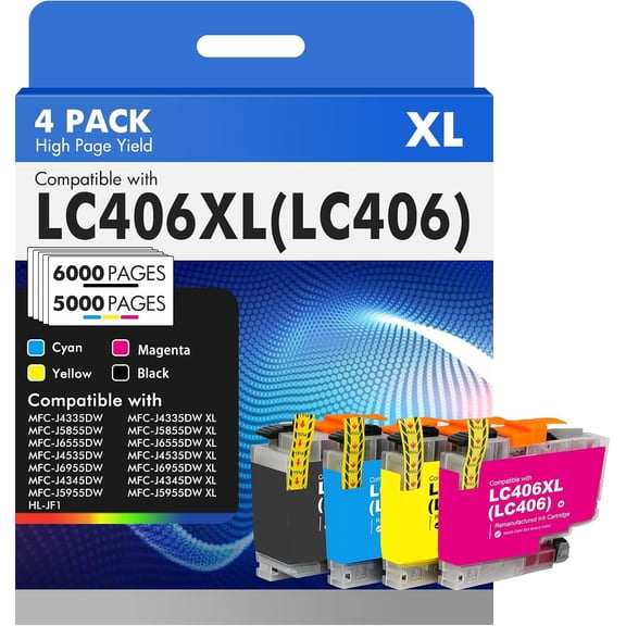 LC406 LC406XL Ink Cartridges for Brother Printer LC 406XL 406 XL for MFC-J4335DW MFC-J5855DW MFC-J6555DW MFC-J4535DW MFC-J6955DW MFC-J4345DW MFC-J5955DW - 4 Pack High Yields B/C/M/Y