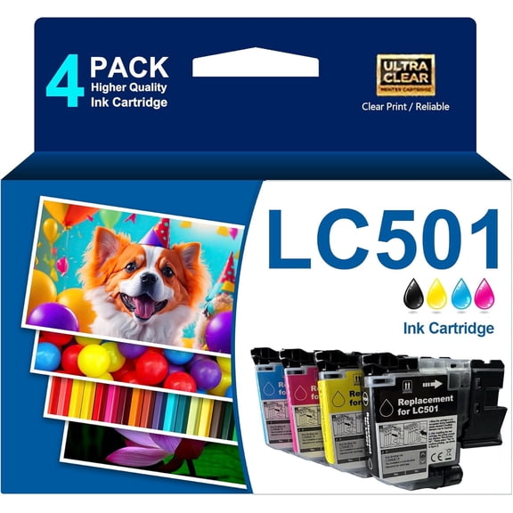 LC501 Ink Cartridges Compatible for Brohter LC 501 501 Standard Yield Ink Cartridges Replacement for Brohter MFC-J1260DW MFC-J1360DW MFC-J1410DW Printer(4-Pack,Black Cyan Magenta Yellow)