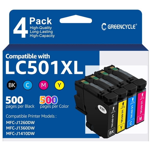 LC501 LC501XL Ink Cartridges Combo Pack Replacement for Brother LC 501 501XL High Yield Compatible for MFC-J1260DW MFC-J1360DW MFC-J1410DW Printer (4 Pack-1 Black/1 Cyan/1 Magenta/1 Yellow)