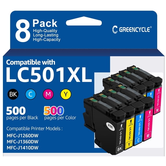 LC501 LC501XL Ink Cartridges Combo Pack Replacement for Brother LC 501 501XL High Yield Compatible for MFC-J1260DW MFC-J1360DW MFC-J1410DW Printer (8 Pack-2 Black/2 Cyan/2 Magenta/2 Yellow)