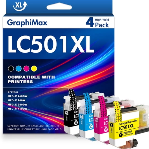 LC501 XL LC501 Ink Cartridges Compatible for Brother LC501 LC501XL Ink for Work Smart MFC-J1260DW MFC-J1360DW MFC-J1410D0 MFC-J1260W Printers LC501 Ink Rpelacements, Black Cyan Magenta Yellow