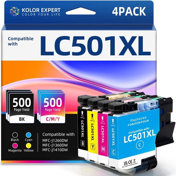 LC501XL Ink Cartridges Compatible for LC501XL LC501 brother ink for Brother MFC-J1260DW MFC-J1360DW MFC-J1410DW Printer, 4 Pack (Black,Cyan,Magenta,Yellow)