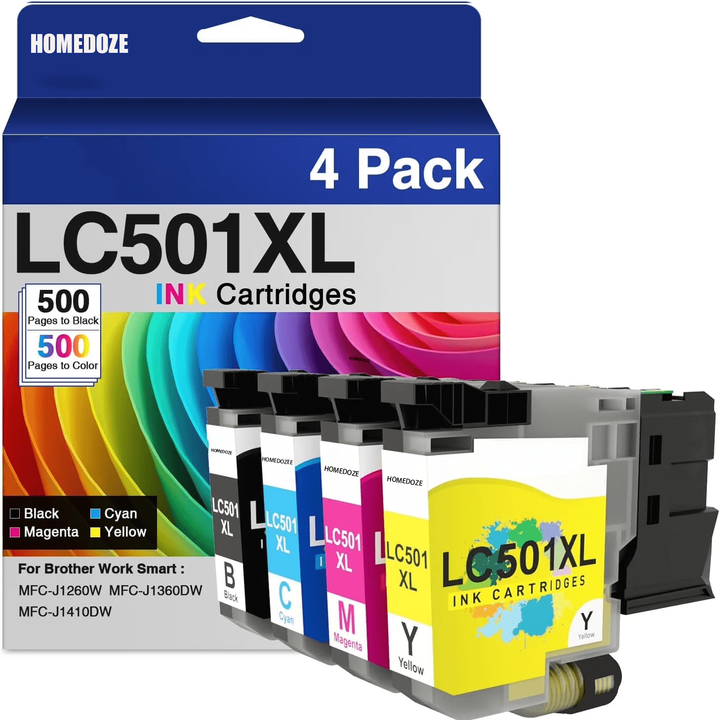LC501XL LC501 Ink Cartridges High Yield Compatible for Brother LC501 Ink Cartridges LC501XL LC 501 XL Work with Brother MFC-J1360DW MFC-J1410DW MFC-J1260W Printer Ink (Black Cyan Magenta Yellow, 4P)