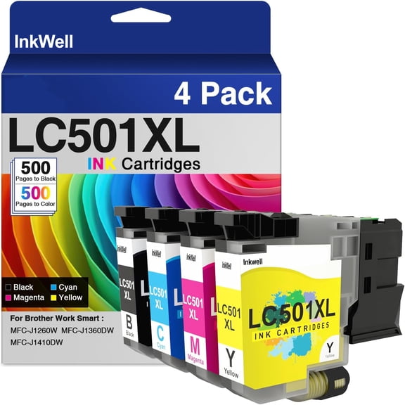 LC501XL LC501 Ink Cartridges High Yield Compatible for Brother LC501 Ink Cartridges LC501XL LC 501 XL Work with Brother MFC-J1360DW MFC-J1410DW MFC-J1260W Printer Ink (Black Cyan Magenta Yellow, 4P)