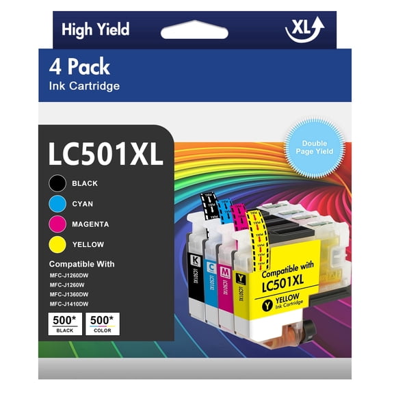 LC501XL LC501 Ink Cartridges High Yield Compatible for Brother LC501 Ink Cartridges LC501XL LC 501 XL Work with Brother MFC-J1360DW MFC-J1410DW MFC-J1260W Printer Ink (Black Cyan Magenta Yellow,4PK)