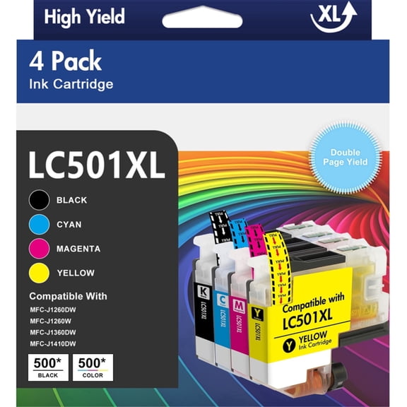 LC501XL LC501 Ink Cartridges High Yield Compatible for Brother LC501 Ink Cartridges LC501XL LC 501 XL Work with Brother MFC-J1360DW MFC-J1410DW MFC-J1260W Printer Ink (Black Cyan Magenta Yellow,4PK)