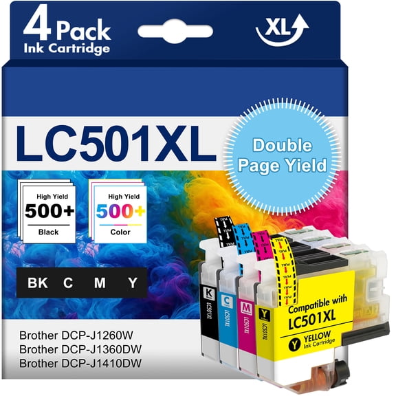 LC501XL LC501 Ink Cartridges High Yield Compatible for Brother LC501 Ink Cartridges LC501XL LC 501 XL Work with Brother MFC-J1360DW MFC-J1410DW MFC-J1260W Printer Ink (Black Cyan Magenta Yellow,4PK)