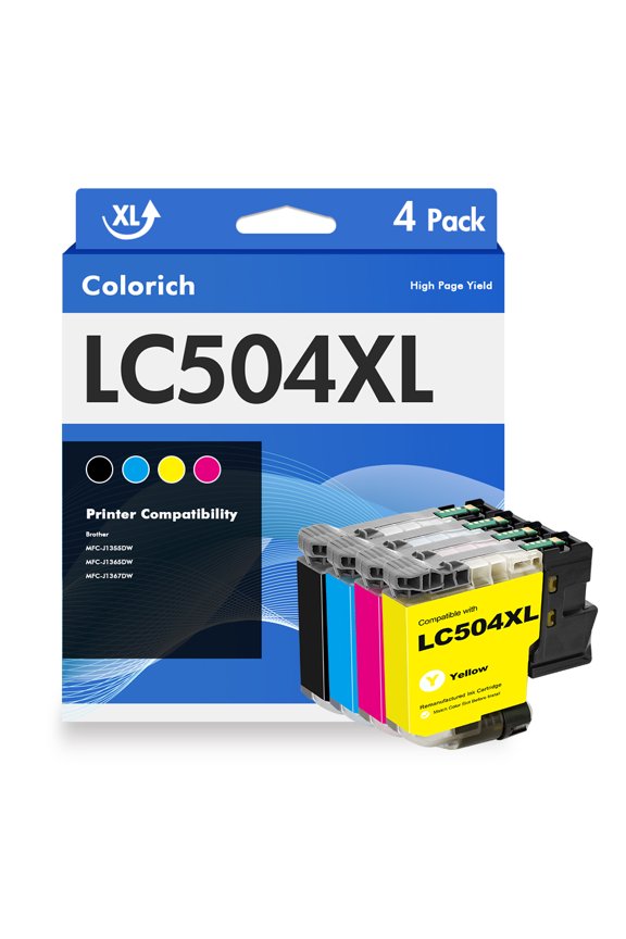 LC504 Ink Cartridges High Yield Compatible for Brother LC504 LC-504 Work for Brother MFC-J1205W MFC-J1215W MFC-J1205W XL Printer Ink (Black Cyan Magenta Yellow,4 Pack)
