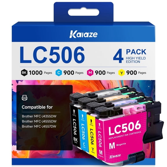 LC506 Ink Cartridge Compatible for Brother LC506 Ink Use with Brother MFC-J4355DW/MFC-J4555DW/MFC-J4557DWN Printer (1 Black, 1 Cyan, 1 Magenta, 1 Yellow, 4Pack)