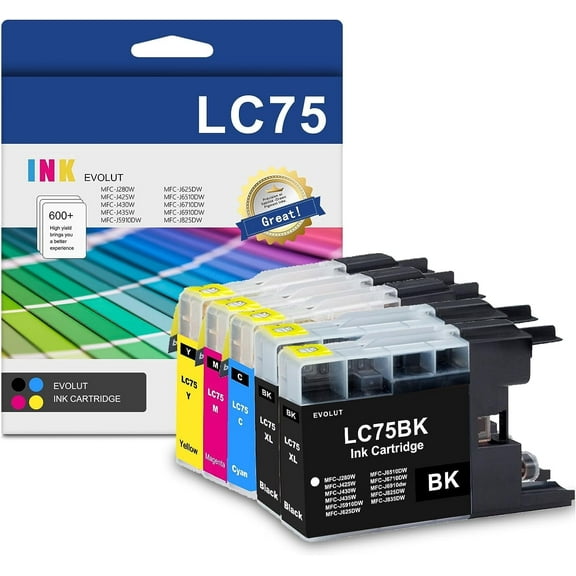 LC75 5-Pack (BK/C/M/Y) High Yield Ink Cartridge Compatible for Brother LC75 Mfc-J280W Printer