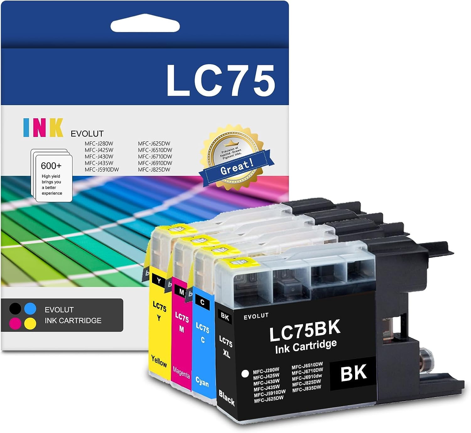 Brother LC75 High Yield Ink Cartridge (4-Pack, 1BK/1C/1M/1Y) for MFC ...