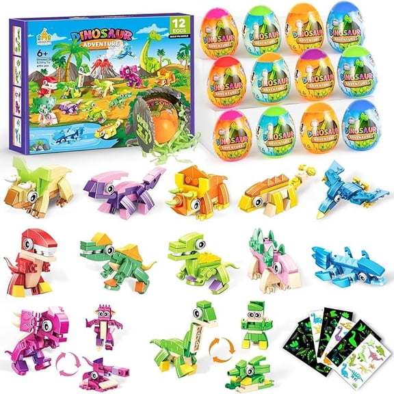 LCBarley 12 Pack Prefilled Easter Eggs With Mini Dinosaur Building Blocks Sets  Easter Egg Hunt Basket Stuffers for Kids Girls Toddlers Boys Easters Egg Hunt Party Favors Dinosaur Party Favors