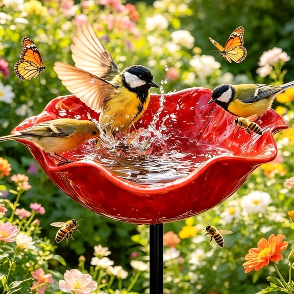 LCBarley Handmade Metal Flower Garden Stake Outdoor Pollinators Birdbath Stake with Bee Bath & Bird Water Bowl Decorative Outdoor Yard Art for Garden Lawn 1Pc