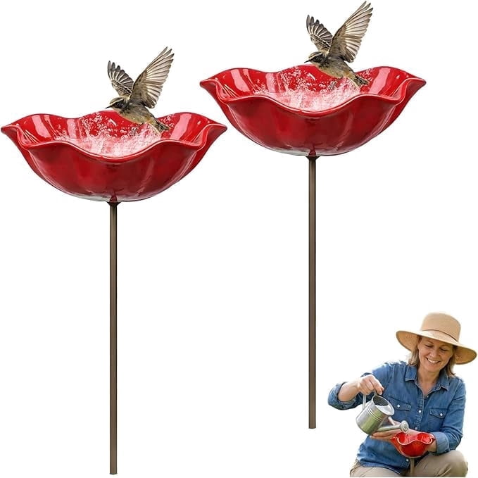 LCBarley Handmade Metal Flower Garden Stake Bird Bath Metal Bird Baths for Outdoors with Stake Outdoor Pollinators Birdbath with Bowl Lawn Yard Garden Décor 2 Pc
