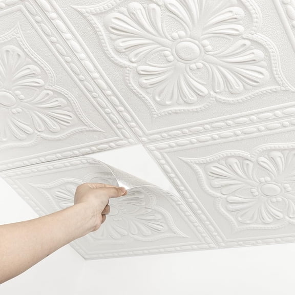 LCBarley White Ceiling Tiles 13.7"x13.7" 16Pcs French Style 3D Decorative Ceiling Panels PVC Waterproof Washable Plastic Material Ceiling Tile Peeling & Pasting Easy to Install on Ceiling & Wall