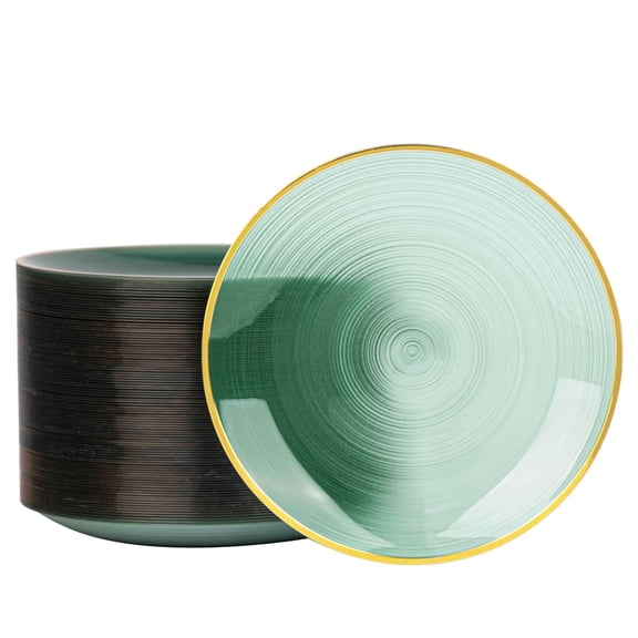 LCCFHTI 100PCS Transparent Green Gold Plastic Plates, 10 Inch Heavy Duty Disposable Dinner Plate with Gold Rim, Round Party Plates for Wedding, Party, Camping, Picnic, Birthday Y101