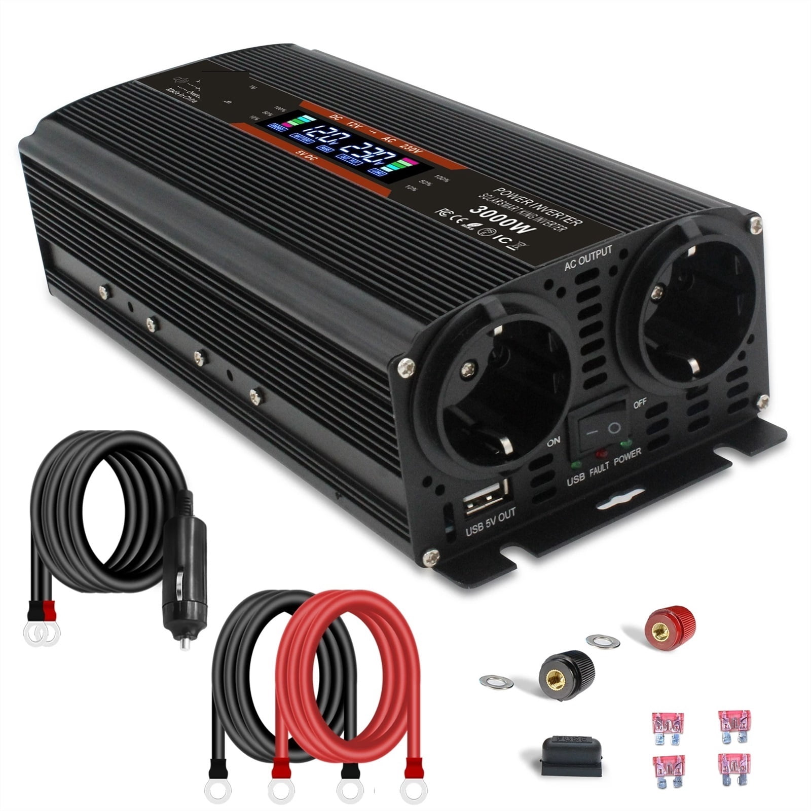LCD 3000W Car Inverter DC 12V/24V to AC 220 230 Voltage Display Solar Power Converter Dual Replaceable Fuse ,Safety