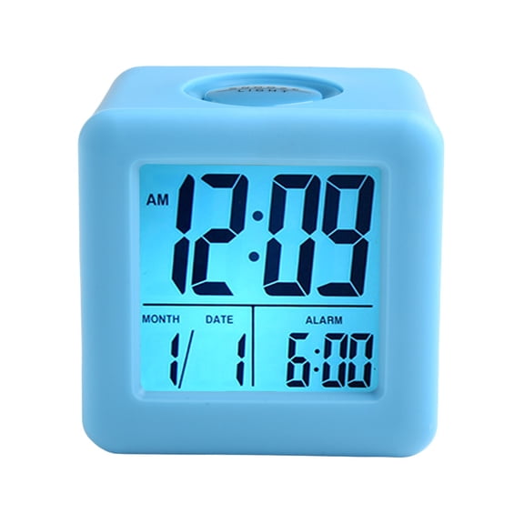 LCD Alarm Clock Snooze Function And Smart Backlight, Square Digital Clock With Silicone Protective Shell, 12/24 Hour Display, Battery Powered (Blue)