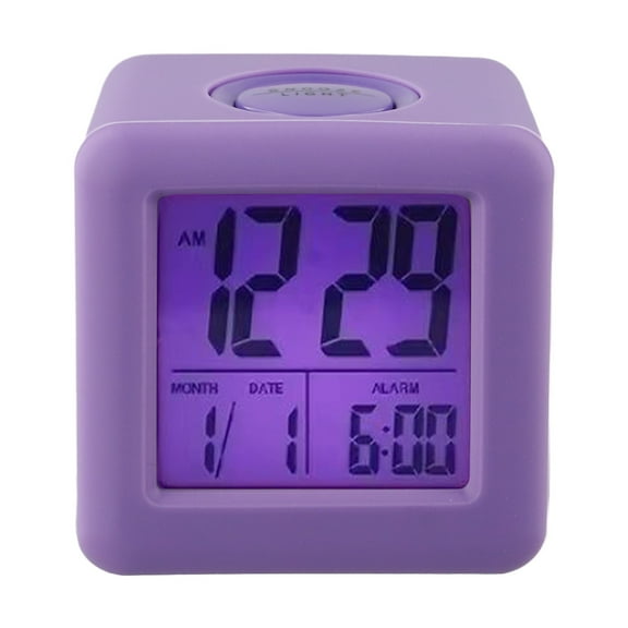 LCD Alarm Clock Snooze Function And Smart Backlight, Square Digital Clock With Silicone Protective Shell, 12/24 Hour Display, Battery Powered (Purple)
