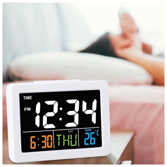 LCD Desk Alarm Clock, Digital Travel Alarm Color Large Screen Number Display LCD Electronic Desk Clock with Temperature Date Display for Bedroom Office Travel