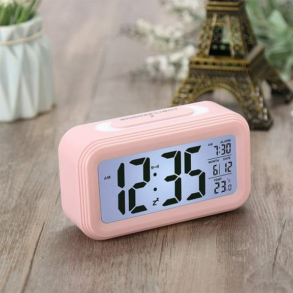 LCD Digital Alarm Clock with Temperature Monitor, Background Light Smart Desk Clock Display Snooze Function for Bedroom Nightstand Office Desk