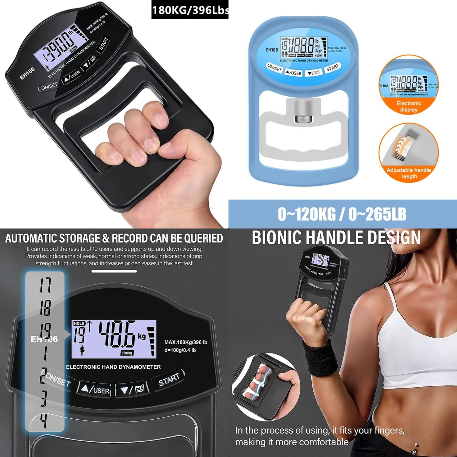 LCD Digital Heavy Duty Hand Dynamometer Grip Strength Tester with 396 ...