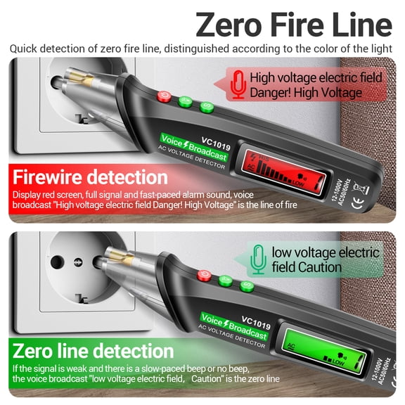 LCD Digital Test Pen Test VC1019 LCD Digital Test Pen Non-contact Voice Broadcast Tester Pen Sensitivity Adjustable with Indicator Sound/Light Alarm Flashlight