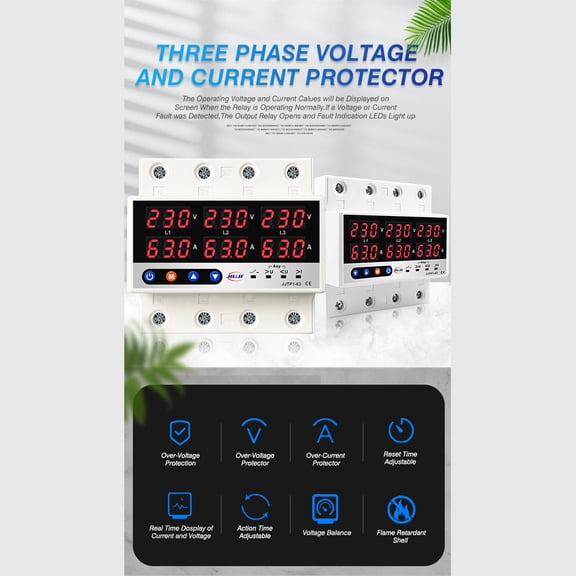 LCD Display Self-reset Protector Overvoltage Undervoltage Current Limiting Circuit Breaker Phase Lost Zeroloss Phase Sequence Voltage Unbalance Protector Overload Automatic Power