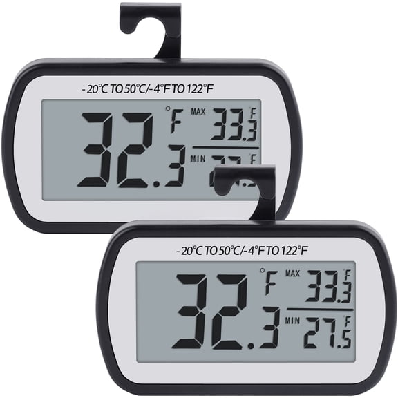 LCD Fridge Freezer Thermometer Digital, Magnetic Back with Stand & Hook, Easy-to-Read Large Display, MAX/MIN Function, IPX3 Waterproof, 2-Pack Included, Black