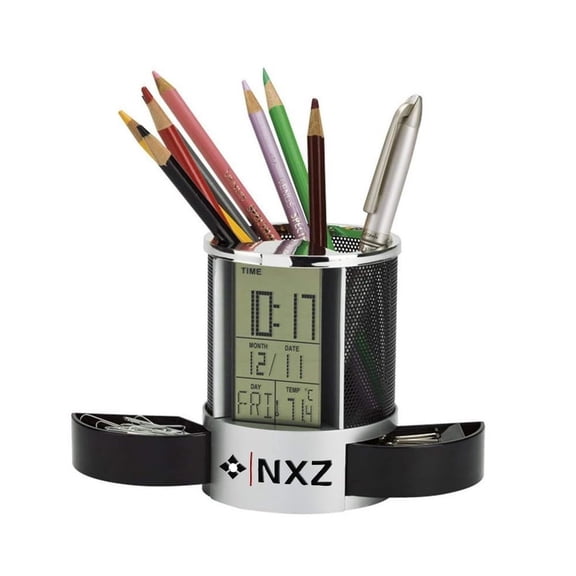 LCD Screen Alarm Clock Desktop Calendar with Pen Holder Clock Penholder Table Clock with Pen Stand, Desk Organizer with 2 Compartment