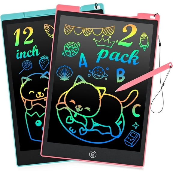 2 Pack LCD Writing Tablet, 12 inch Reusable Drawing Pad for Kids, Colourful Screen Drawing Tablet Doodle Board w/ Stylus Pen, Toy for 3 4 5 6 7 8 Years, Travel Games Toys Gifts for Kids and Adults
