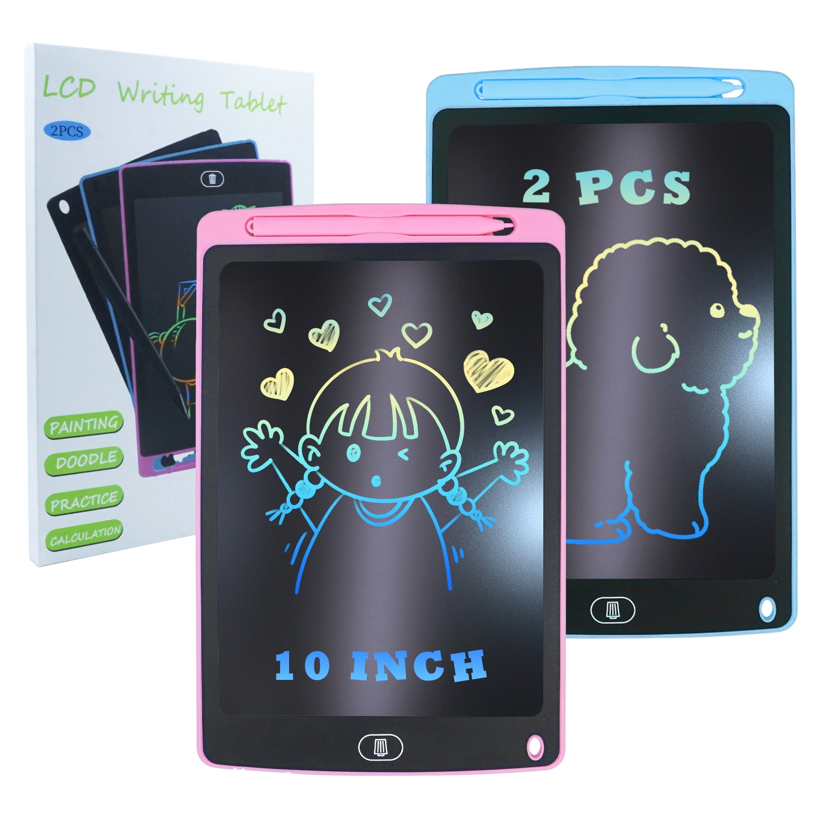 LCD Writing Tablet, 2 Pack 10 Inch Colorful Doodle Board Drawing Pad For Kids, Erasable