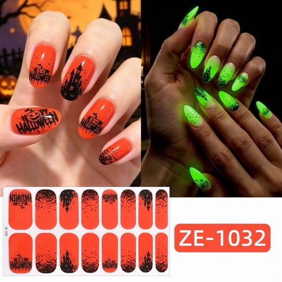 LCEPCY Halloween Luminous Press On Nails, Medium Glow in the Dark Skull Ghost & Spider Web Design, Spooky Horror False Nail Tips Reusable Glossy, for Night Party & Haunted House, Style J