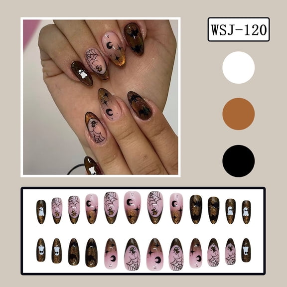 LCEPCY Halloween Press On Nails, Cute Spooky False Nails with Pumpkin Ghost & Spider Web Design, Medium Reusable Glossy Fake Nail Tips, for Halloween Party & Trick or Treat, Style F