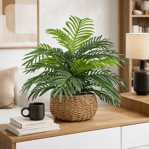 Artificial Plants, 14" Artificial Palm Plant in Low Round Handwoven Basket by LCG Florals, Faux Designer Fake Indoor Tabletop Plant for Living Room, Office, and Home Décor