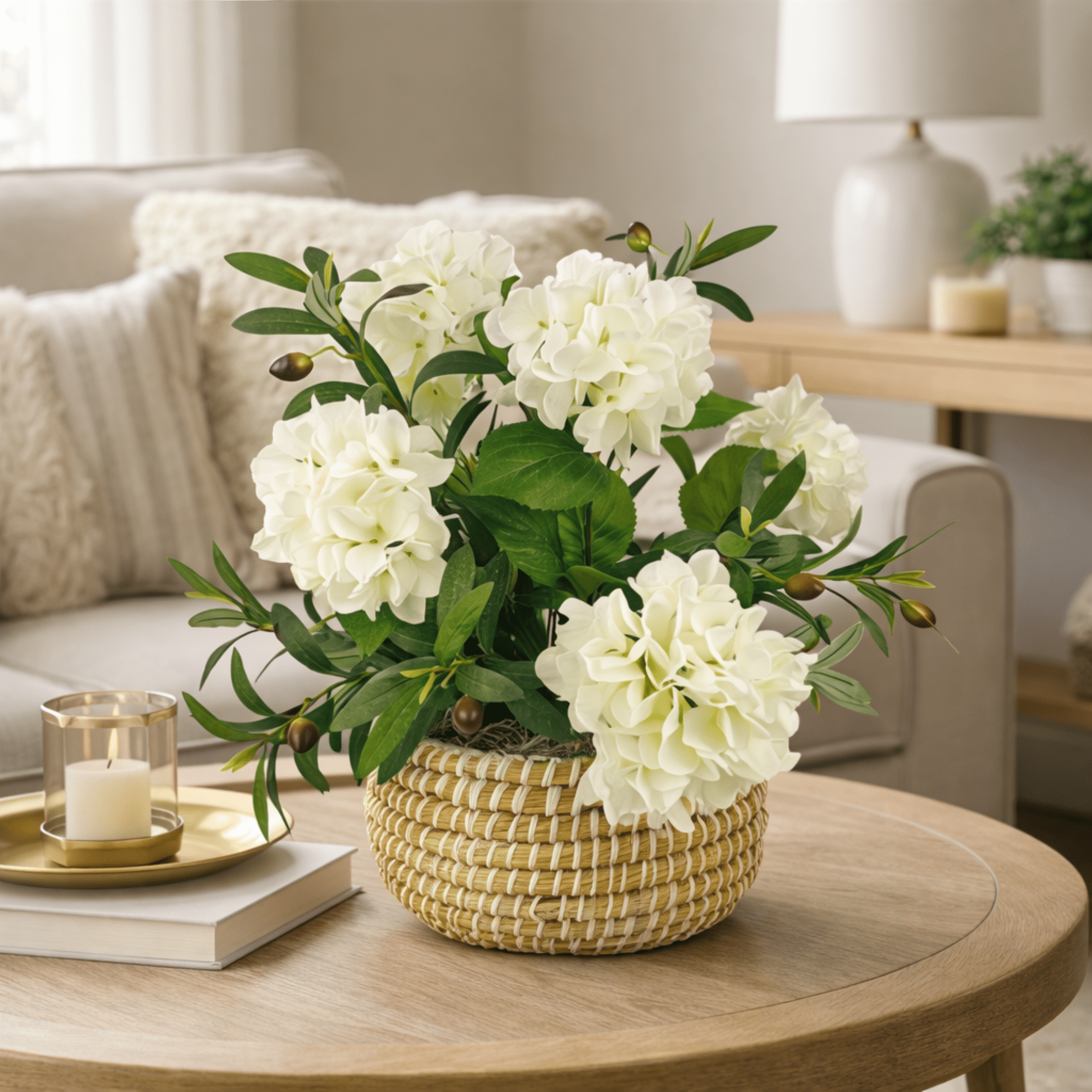 Artificial Plant, 1.67ft Artificial White Hydrangea Plant with Olive Branches in a White Basket by LCG Florals, Faux Designer Fake Indoor Tree for Living Room, Office, and Home Décor