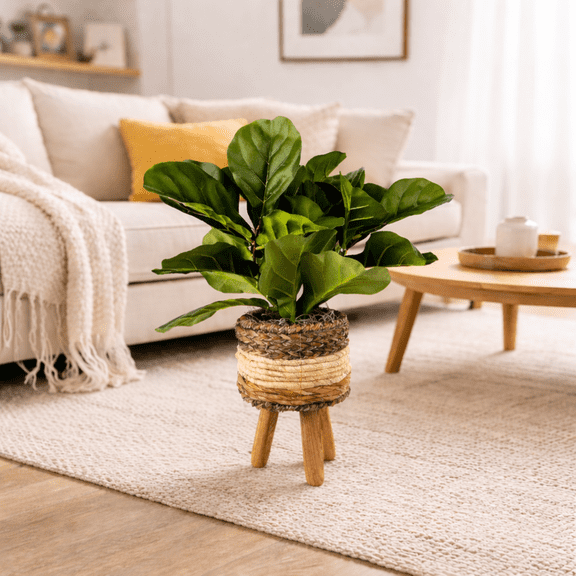 Artificial Plant, 22" Artificial Designer Fig in a Multi-Colored Basket Tripod Stand by LCG Florals, Faux Designer Fake Indoor Plant for Living Room, Office, and Home Dcor