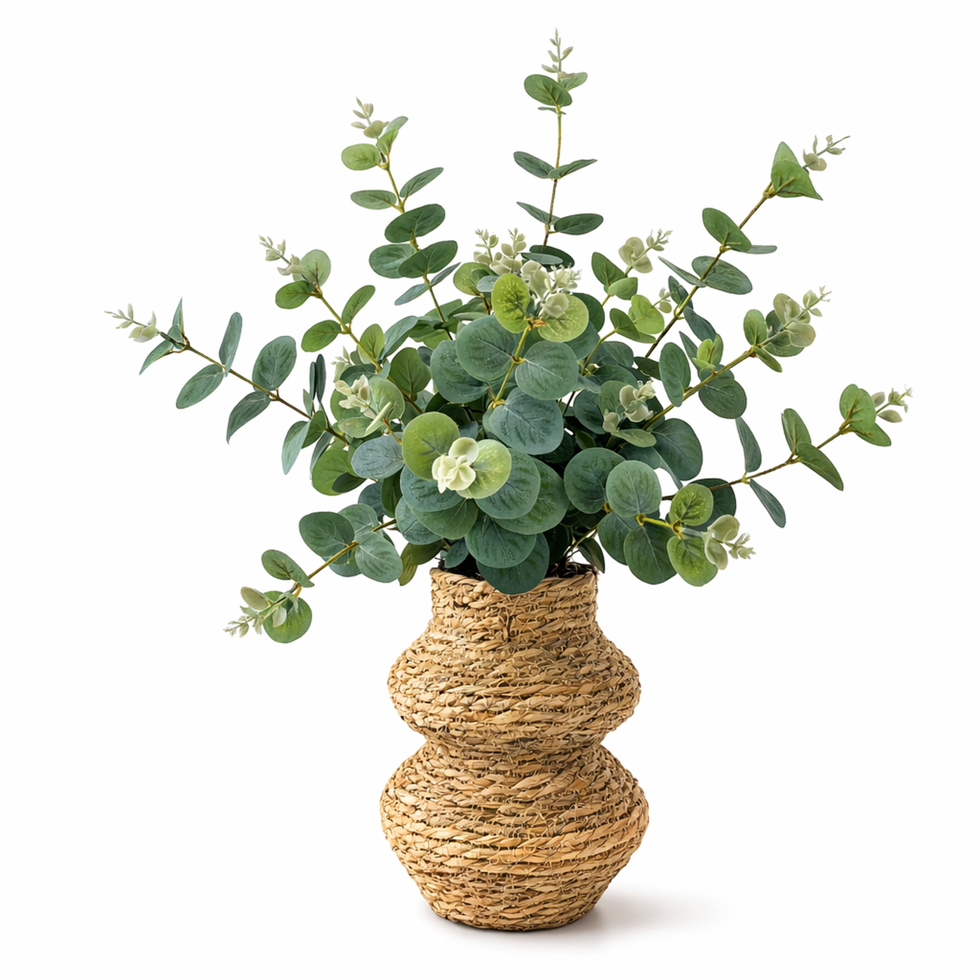 Artificial Plant, 24in Artificial Eucalyptus Plant in a Woven Tiered Basket by LCG Florals, Fake Indoor Faux Plant for Living Room, Office, and Home Decor