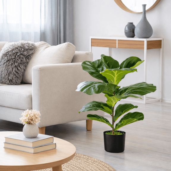 Artificial Plant, 2.5ft Artificial Designer Fiddle Leaf Fig in a Plastic Black Grower's Pot by LCG Florals, Faux Designer Fake Indoor Plant for Living Room, Office, and Home Dcor