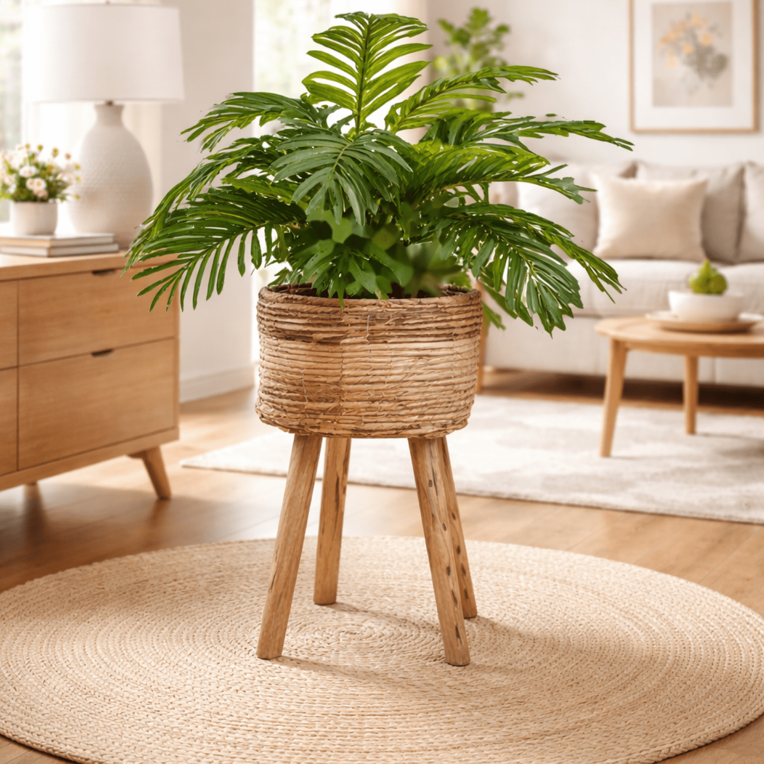 Artificial Plants, 32" Artificial Palm Plant in Multi-Color Tripod Basket Stand by LCG Florals, Faux Designer Fake Indoor Plant for Living Room, Office, and Home Decor