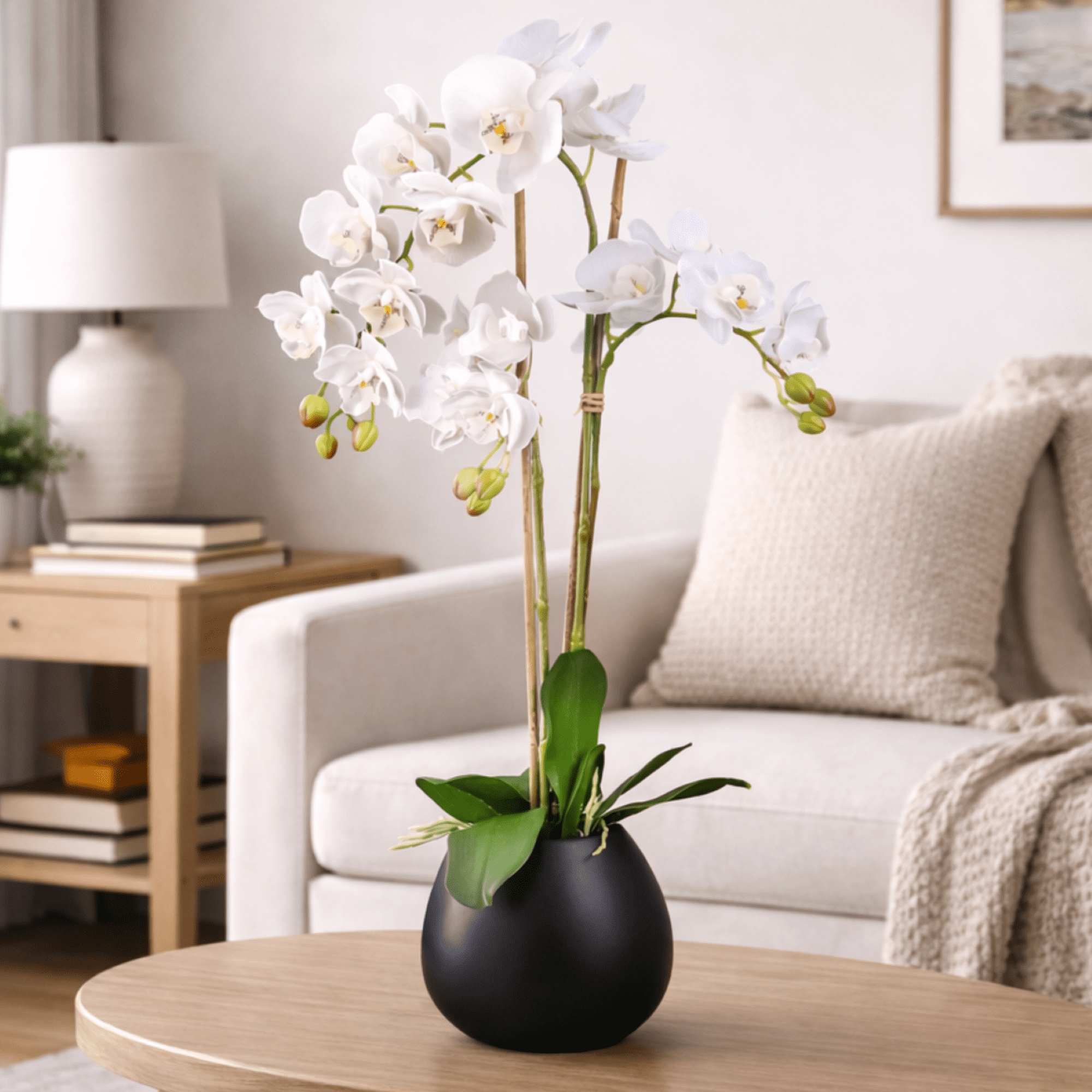 Artificial Plant, 2.67ft Artificial White Orchid in a Black Embossed Ceramic Pot by LCG Florals, Faux Designer Fake Indoor Tree for Living Room, Office, and Home Décor