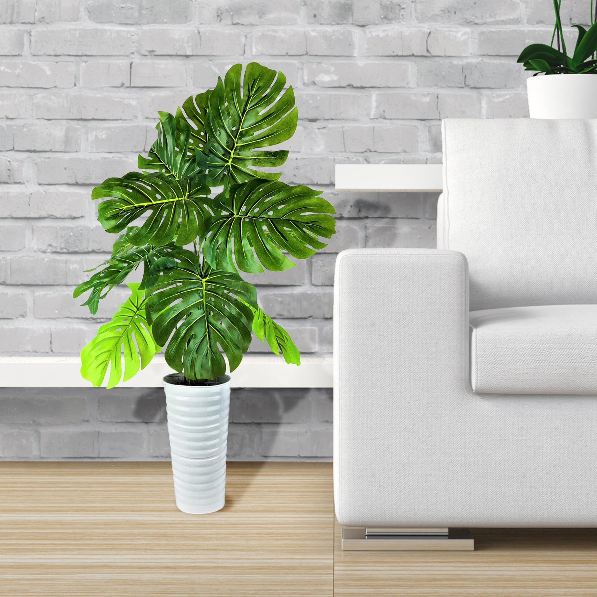 LCG Florals Artificial Plant, Monstera Plant, 3 ft, White Ribbed Metal Planter