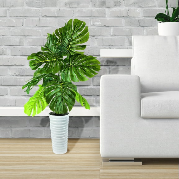 LCG Florals Artificial Plant, Monstera Plant, 3 ft, White Ribbed Metal Planter