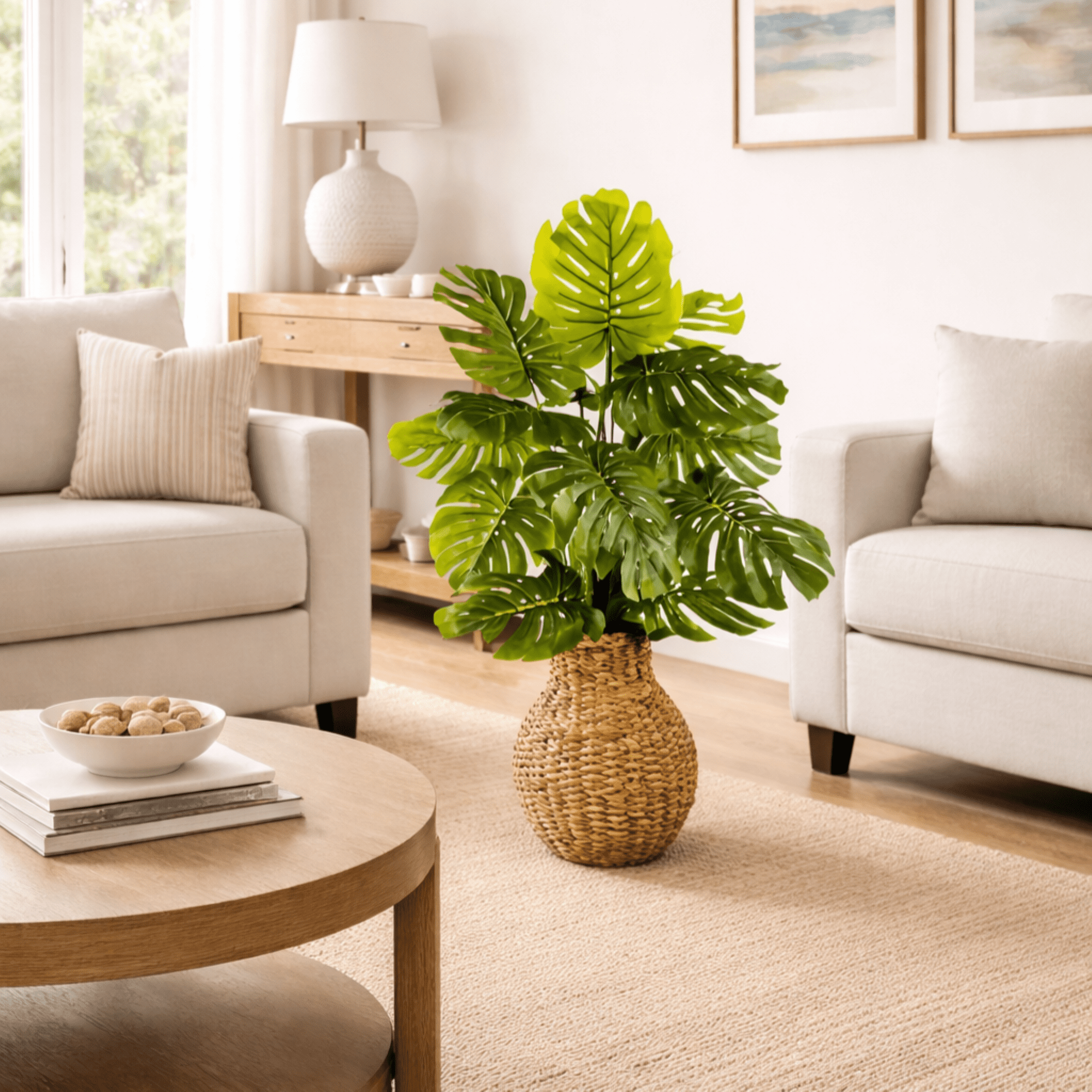 Artificial Plant, 3ft Artificial Monstera Plant in a Hand Woven Basket by LCG Florals, Faux Designer Fake Indoor Plant for Living Room, Office, and Home Décor