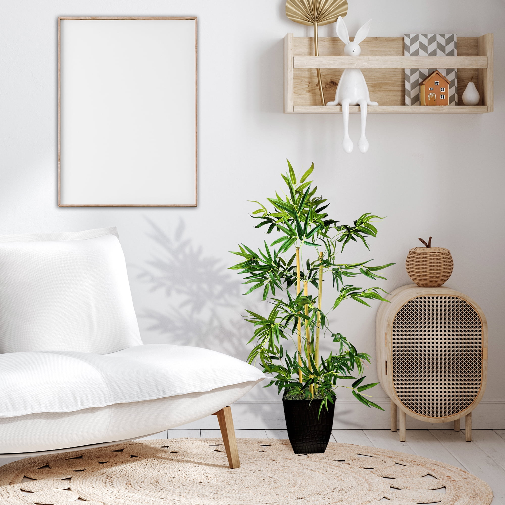 LCG FLORALS Artificial Tree, Bamboo Tree, 4 ft, Black Square Fluted Metal Pot